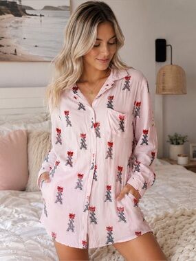 Landau & Miller XL Pink Paris Eiffel Tower Sleep Shirt Nightgown Button Front